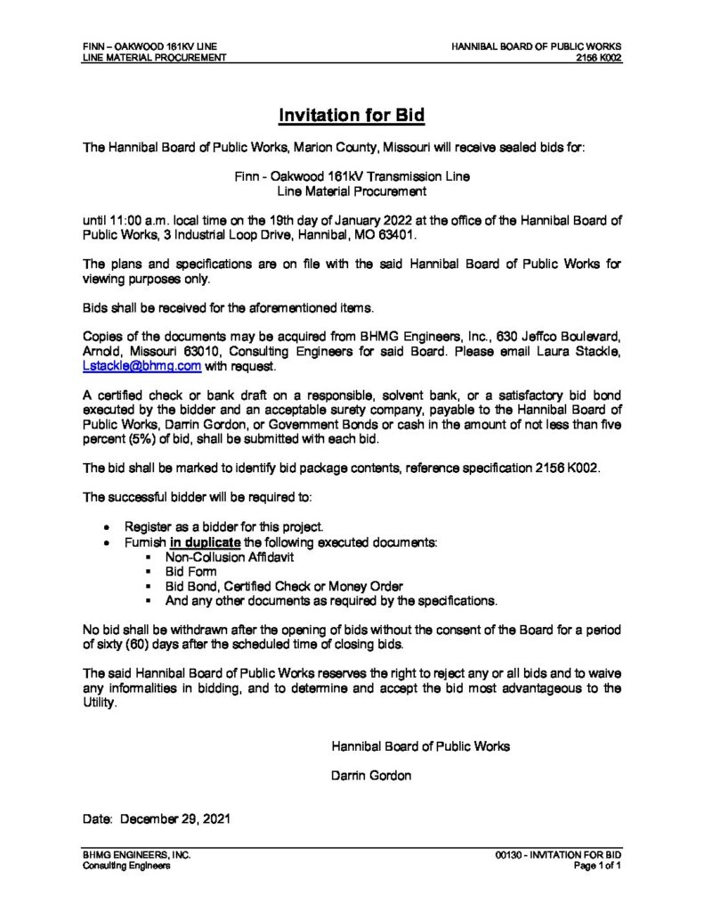 Finn Oakwood Line Material Procurement Invitation For Bids Pdf